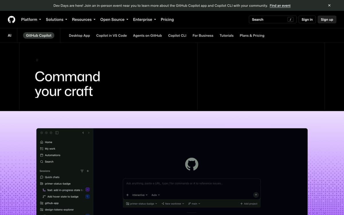 GitHub Copilot product pages — screenshots used editorially; all rights belong to the vendor GitHub Copilot — the product's features, from the vendor's site