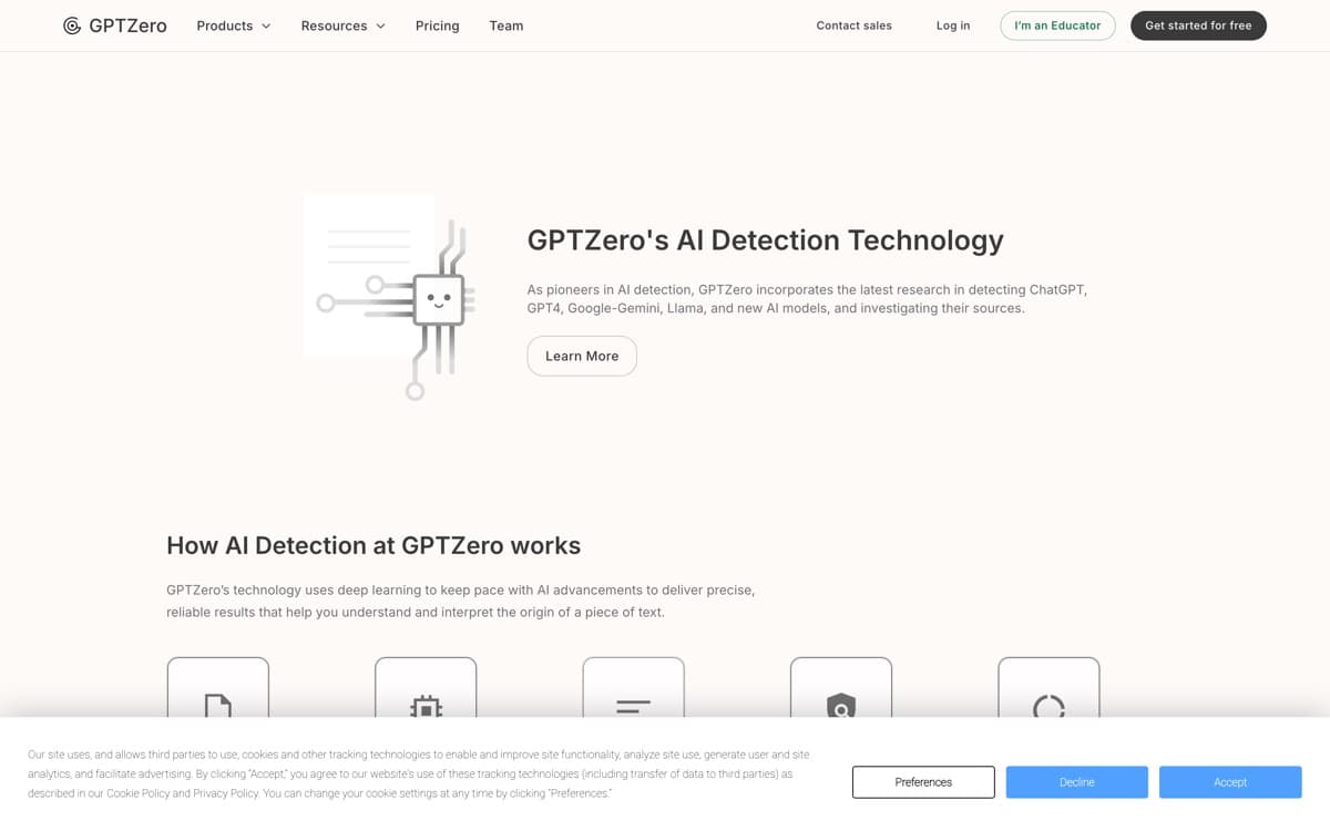 GPTZero product pages — screenshots used editorially; all rights belong to the vendor GPTZero — the product's features, from the vendor's site