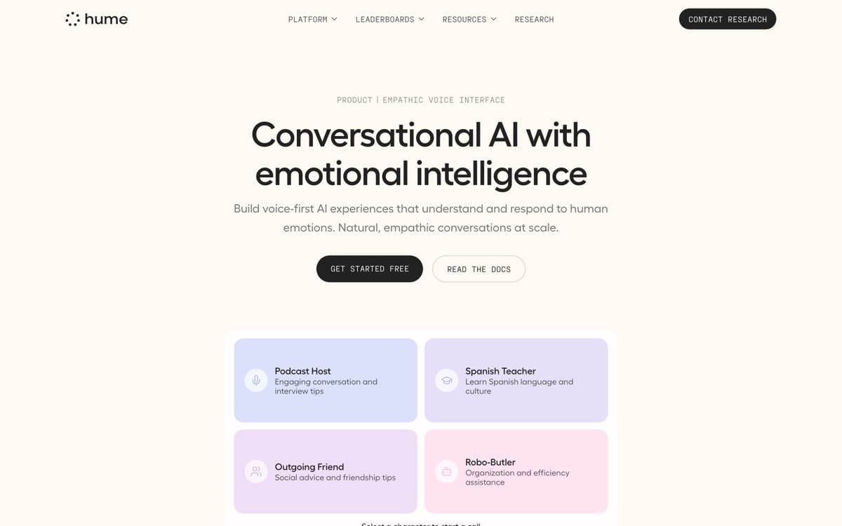 Hume AI product pages — screenshots used editorially; all rights belong to the vendor Hume AI — the product's features, from the vendor's site