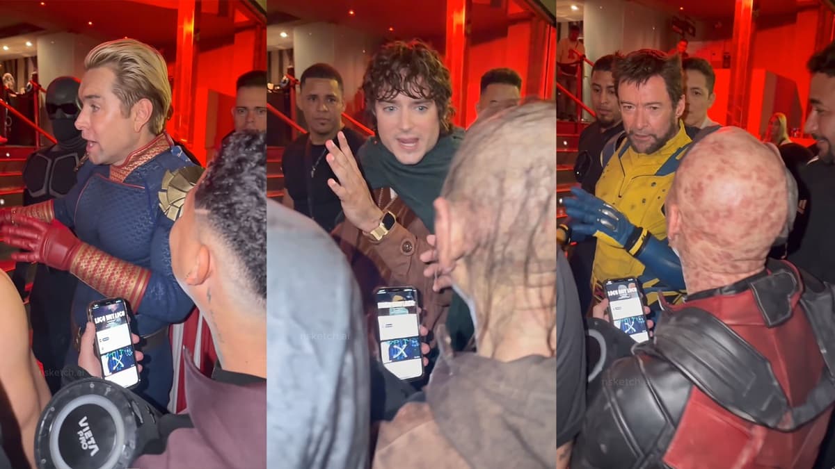 Three AI versions of the Bulin 47 freestyle in the same red-lit lobby with a crowd holding phones: Homelander in his blue-and-gold Supe suit gesturing mid-rhyme with Black Noir in a black mask behind him; Frodo in a green cloak and brown jacket with Gollum's bald head in the foreground; Wolverine in his yellow-and-blue suit with Deadpool's red mask and scarred head in the foreground