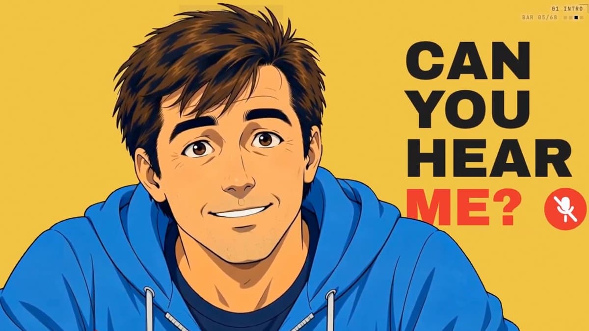 Frame from the Every Scenario music video: a 2D-animated smiling man with brown hair in a blue hoodie against a mustard-yellow background, with the words 'CAN YOU HEAR ME?' in bold black and red type and a muted-microphone icon, and a HUD reading '01 INTRO · BAR 05/68'