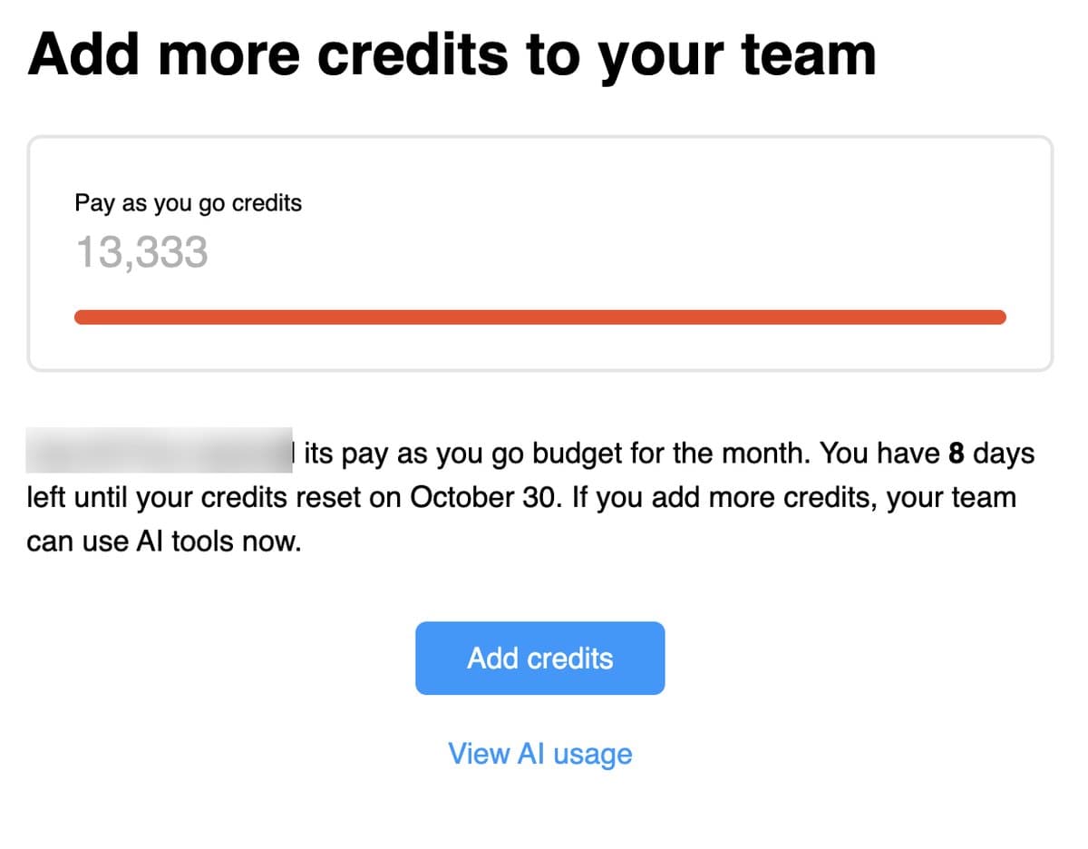 Figma dialog titled Add more credits to your team, showing 13,333 pay-as-you-go credits fully used and text saying the team reached its pay as you go budget for the month with 8 days left until reset