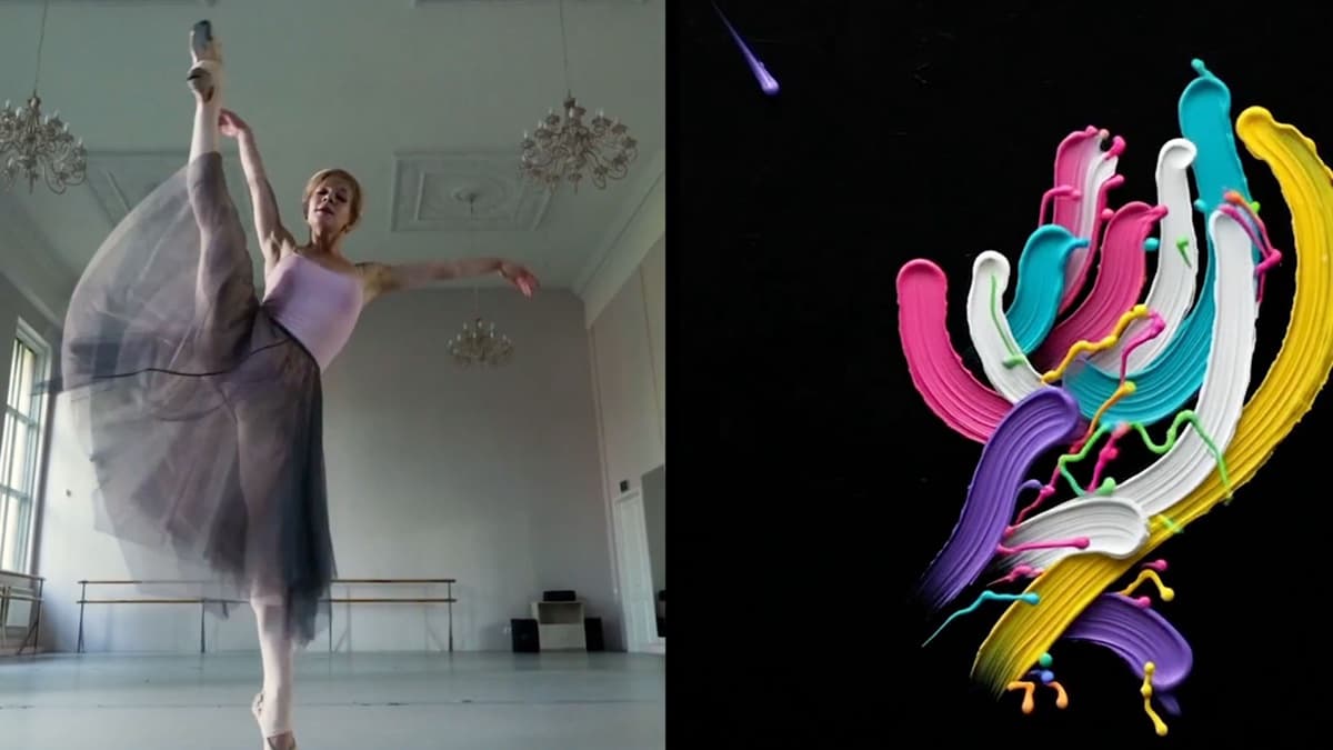 Split frame from Google's Gemini 4 Argon launch film: a ballerina en pointe with one leg raised in a bright studio with chandeliers on the left, and thick swirling strokes of pink, white, teal, purple, and yellow paint on black on the right