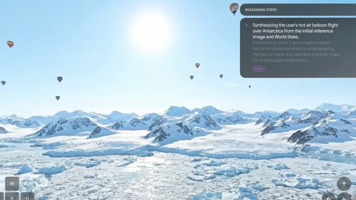 Genie 4 demo frame: a first-person hot-air-balloon view over Antarctic ice and mountains with a Reasoning Steps panel describing the agent's plan for the scene