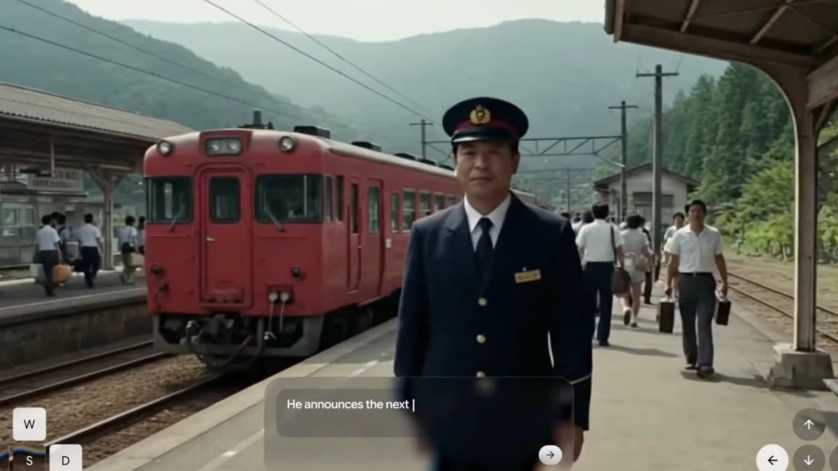 Genie 4 demo frame: a 1980s rural Japanese train station with a station inspector facing the camera, a red train behind him, and a text box reading 'He announces the next'