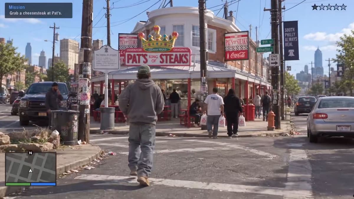 AI-generated fake gameplay frame of Philadelphia: a man in a grey hoodie seen from behind crossing the street toward Pat's King of Steaks at 9th and Wharton, with a mission box reading 'Grab a cheesesteak at Pat's,' a minimap in the lower left, and five wanted stars in the upper right
