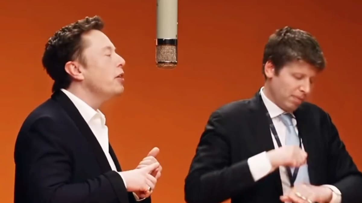 Still from an AI re-creation of the Hotel Lobby COLORS performance: Elon Musk in a dark suit and open white shirt on the left and Sam Altman in a suit and blue tie on the right, facing each other under a hanging microphone against the same orange backdrop