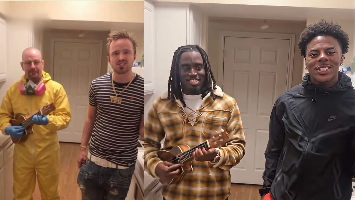 Two AI versions of the Oouuh kitchen clip side by side: on the left, Walter White in a yellow hazmat suit with a pink respirator playing ukulele while Jesse Pinkman in a striped shirt and gold chain sings; on the right, Kai Cenat in a mustard plaid shirt on ukulele while IShowSpeed in a black Nike jacket sings, both in the same white-cabinet kitchen with a door behind them