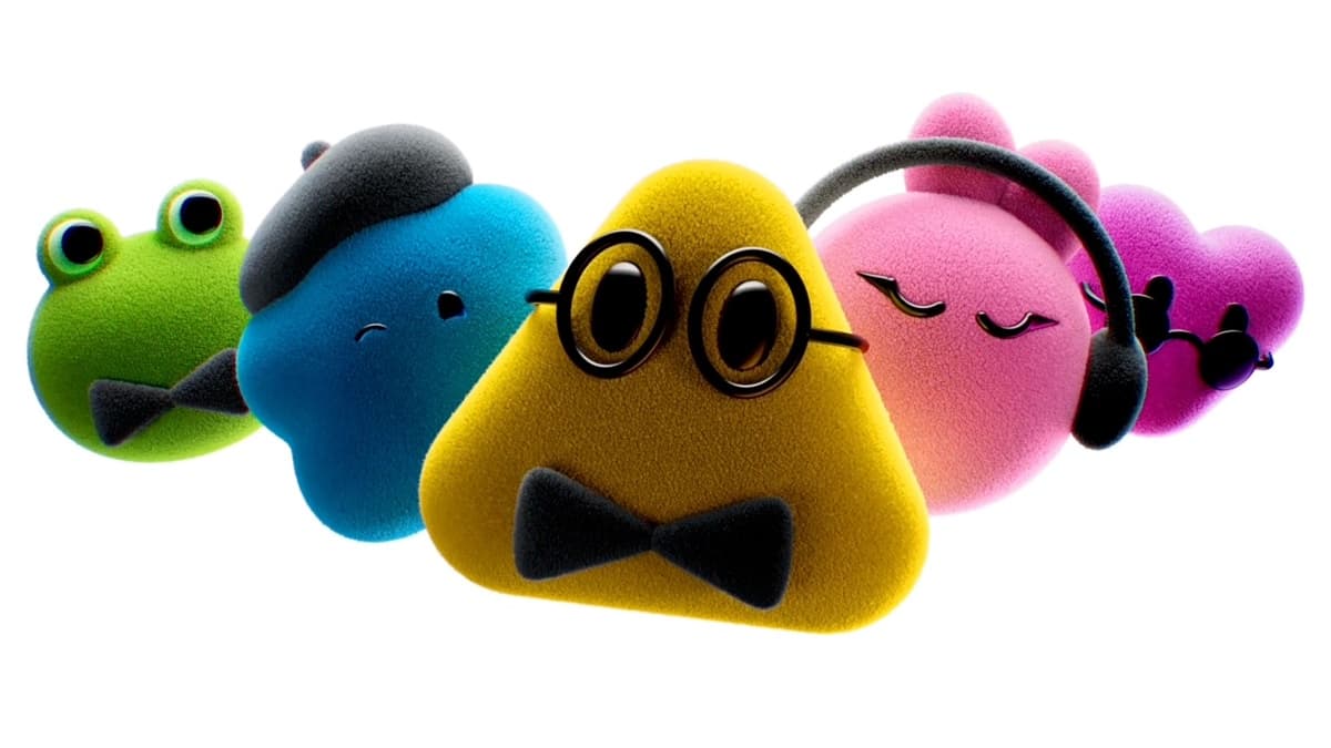 Five fuzzy cartoon characters from OpenAI's Dots launch: a green frog in a bow tie, a blue blob wearing a beret, a yellow triangle with round glasses and a bow tie, a pink blob wearing a headset, and a magenta heart in sunglasses