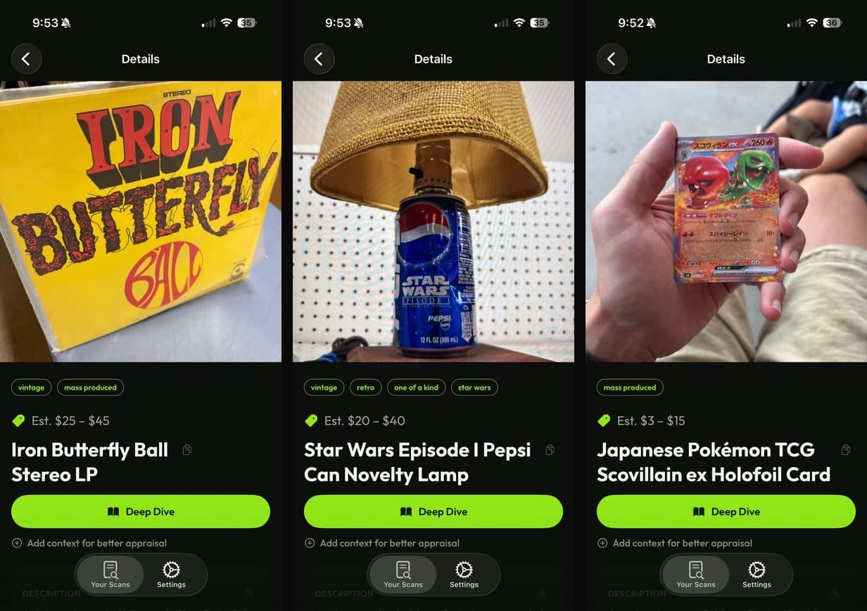Three more Patina screenshots: an Iron Butterfly Ball stereo LP estimated at $25–$45 tagged vintage and mass produced; a lamp made from a Star Wars Episode I Pepsi can estimated at $20–$40 tagged one of a kind; and a Japanese Pokémon Scovillain ex holofoil card estimated at $3–$15 tagged mass produced