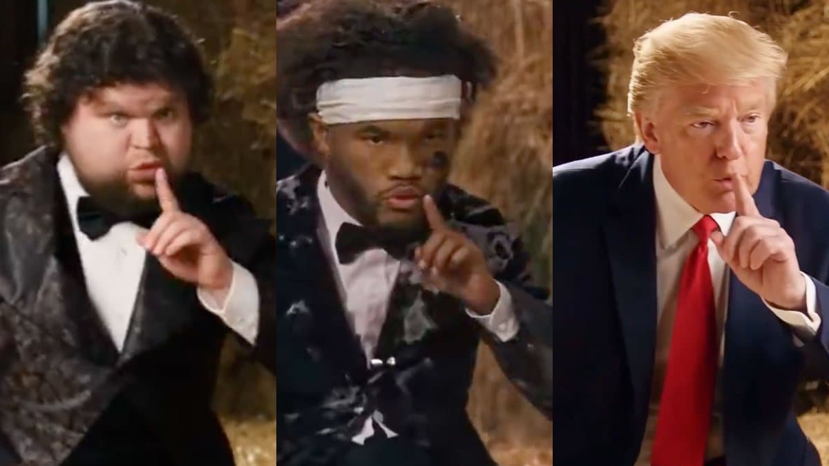 Three remixes of the tiptoe barn clip side by side: the bearded caricature, Kyler Murray in a headband, and Trump, all shushing the camera in front of hay