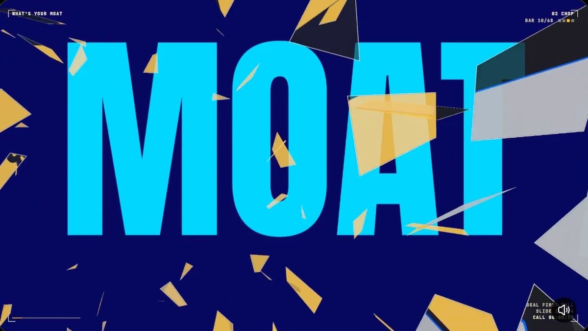 Frame from the MOAT video: the word MOAT in huge cyan letters on a dark blue background, shattered yellow and white shards flying through the frame, with a small HUD reading 'WHAT'S YOUR MOAT' top left and '02 CHOP · BAR 10/68' top right