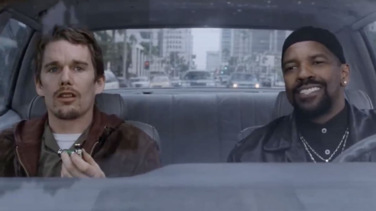 AI-generated version of the White Chicks car scene: a man in a brown leather jacket holding a small object looks uneasy in the left seat while a smiling man in a black beanie and leather jacket drives, in the look and framing of the 2001 film Training Day
