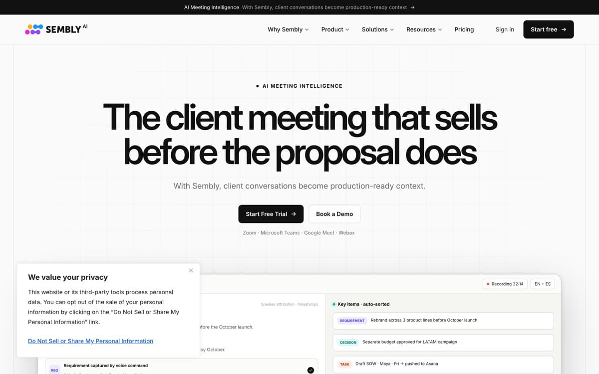 Sembly AI product pages — screenshots used editorially; all rights belong to the vendor Sembly AI — the product's features, from the vendor's site