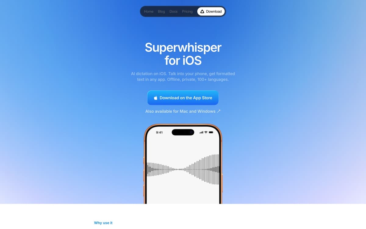 Superwhisper product pages — screenshots used editorially; all rights belong to the vendor Superwhisper — the product's features, from the vendor's site